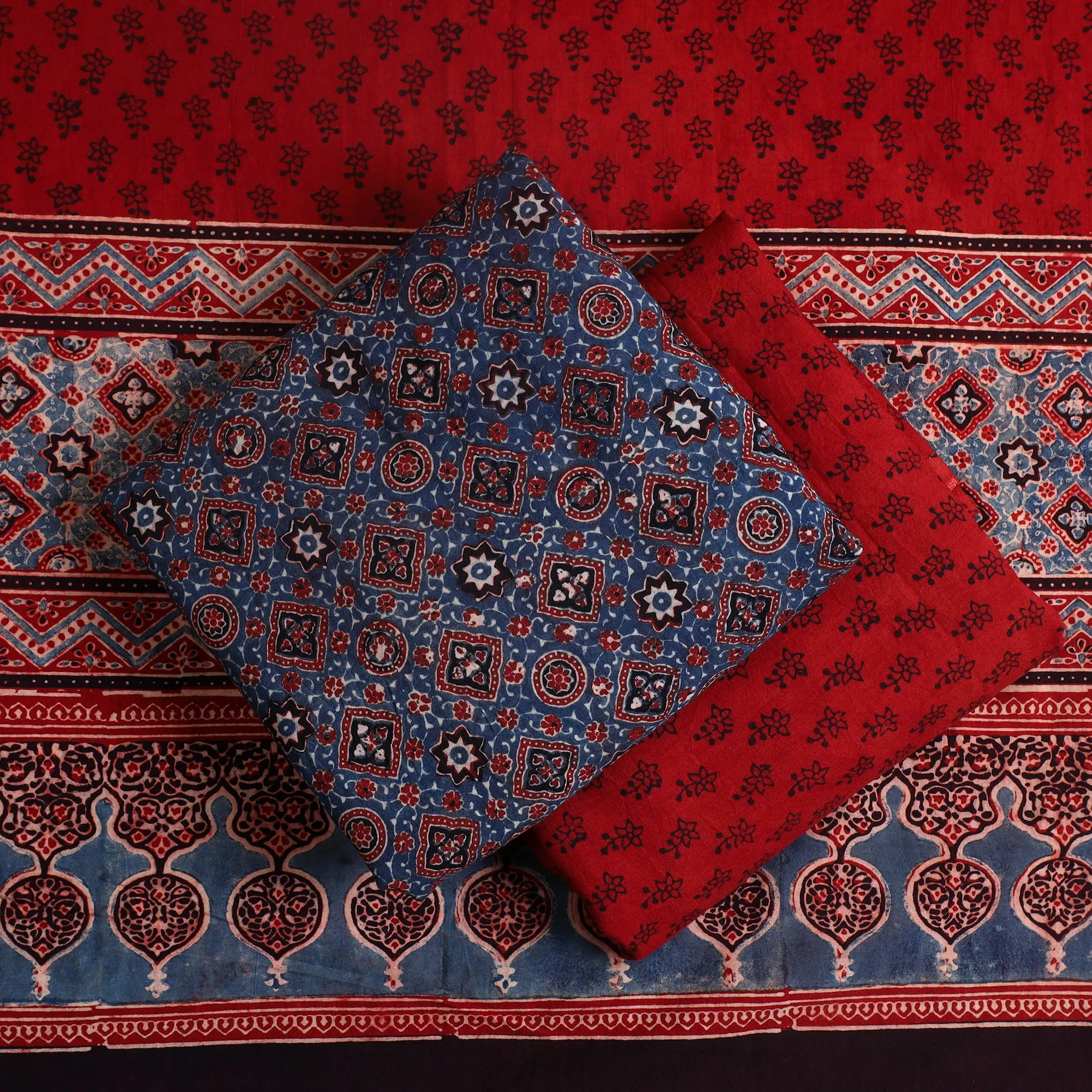 Blue - Hand Block Print Cotton 3pc Ajrakh Dress Material 02