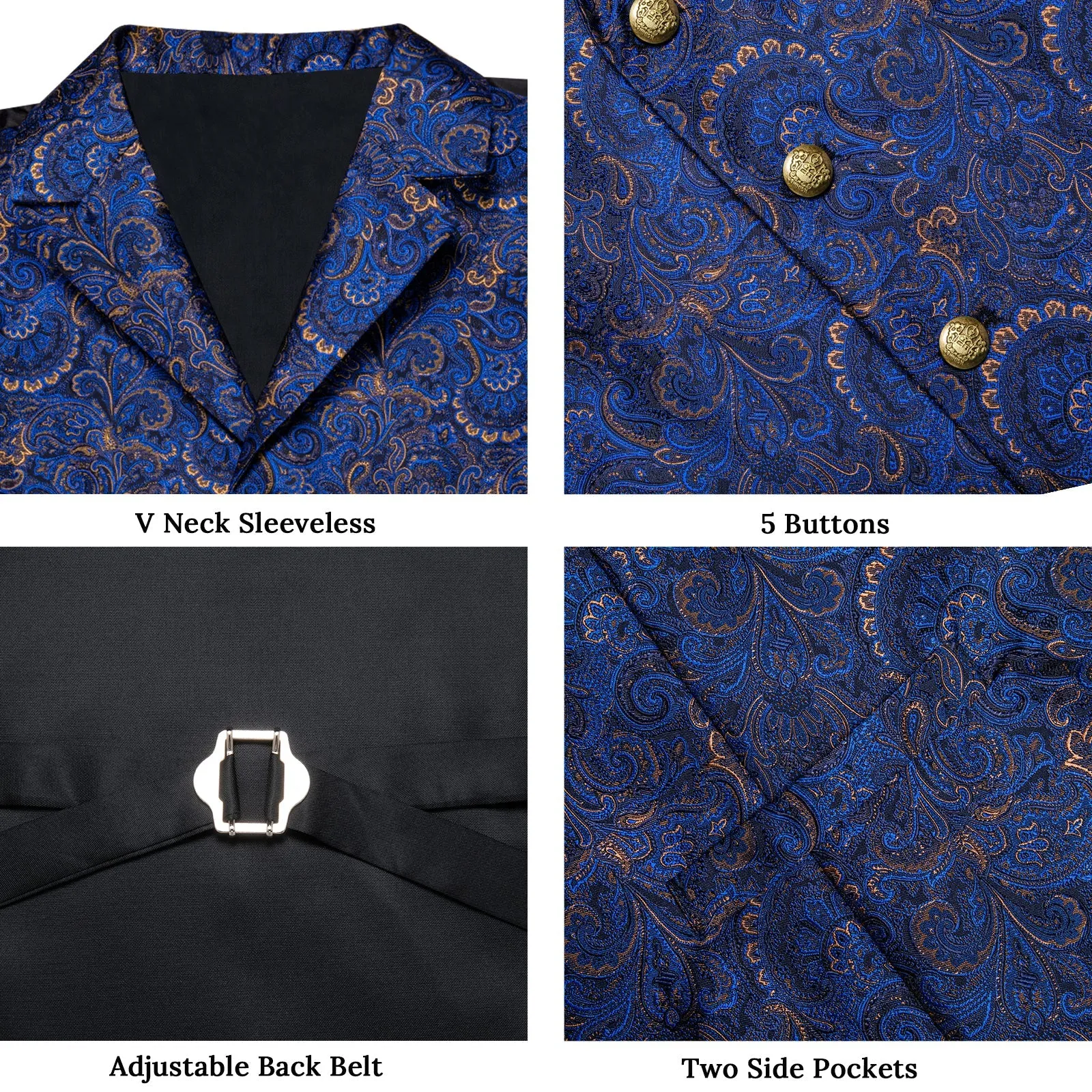 Blue Yellow Floral Jacquard Luxury Men's Vest Tie Hanky Cufflinks Set