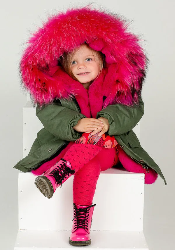 Bobble Babies Khaki Kids Parka coat with Hot Pink Hood and Lining