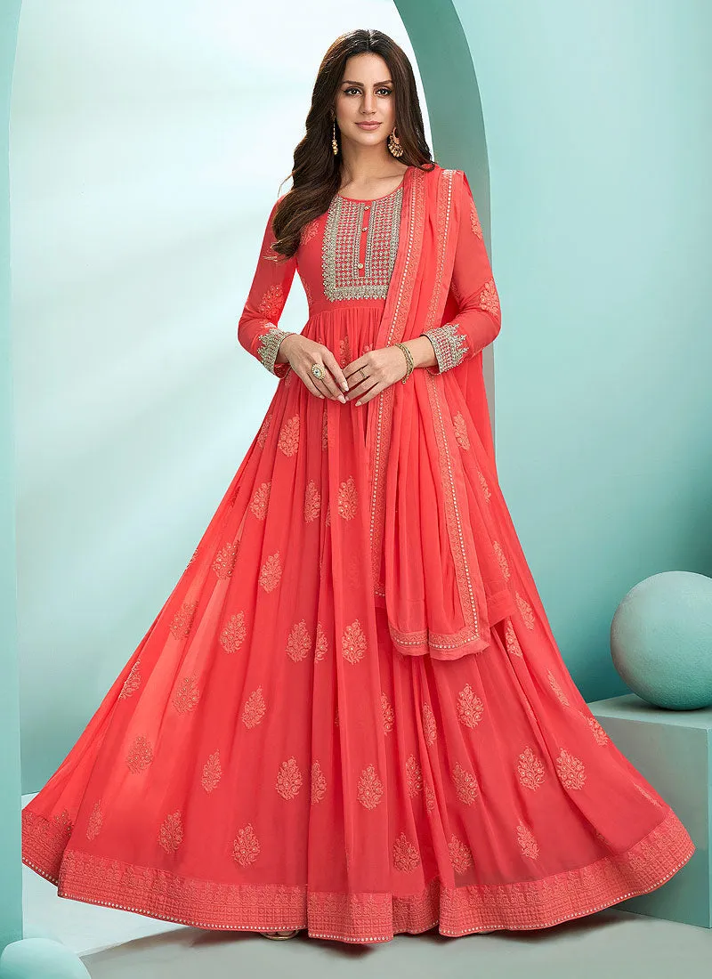 Bright Orange Lucknowi Zari Embroidered Designer Anarkali Suit