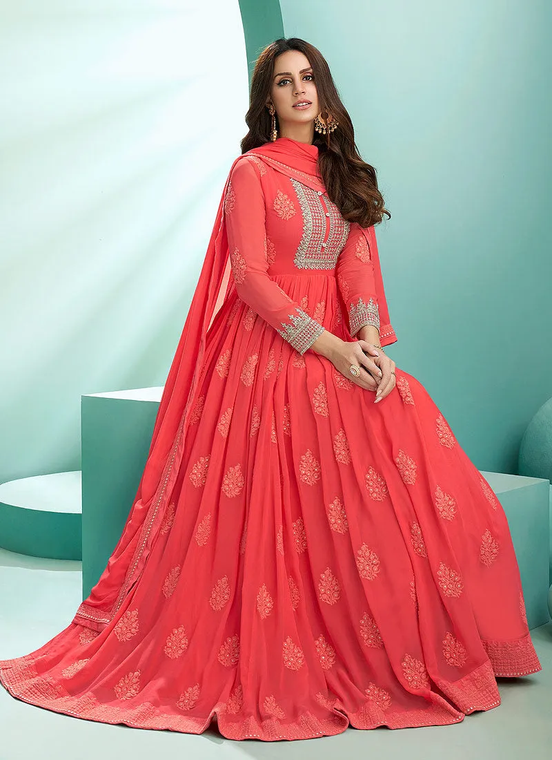 Bright Orange Lucknowi Zari Embroidered Designer Anarkali Suit