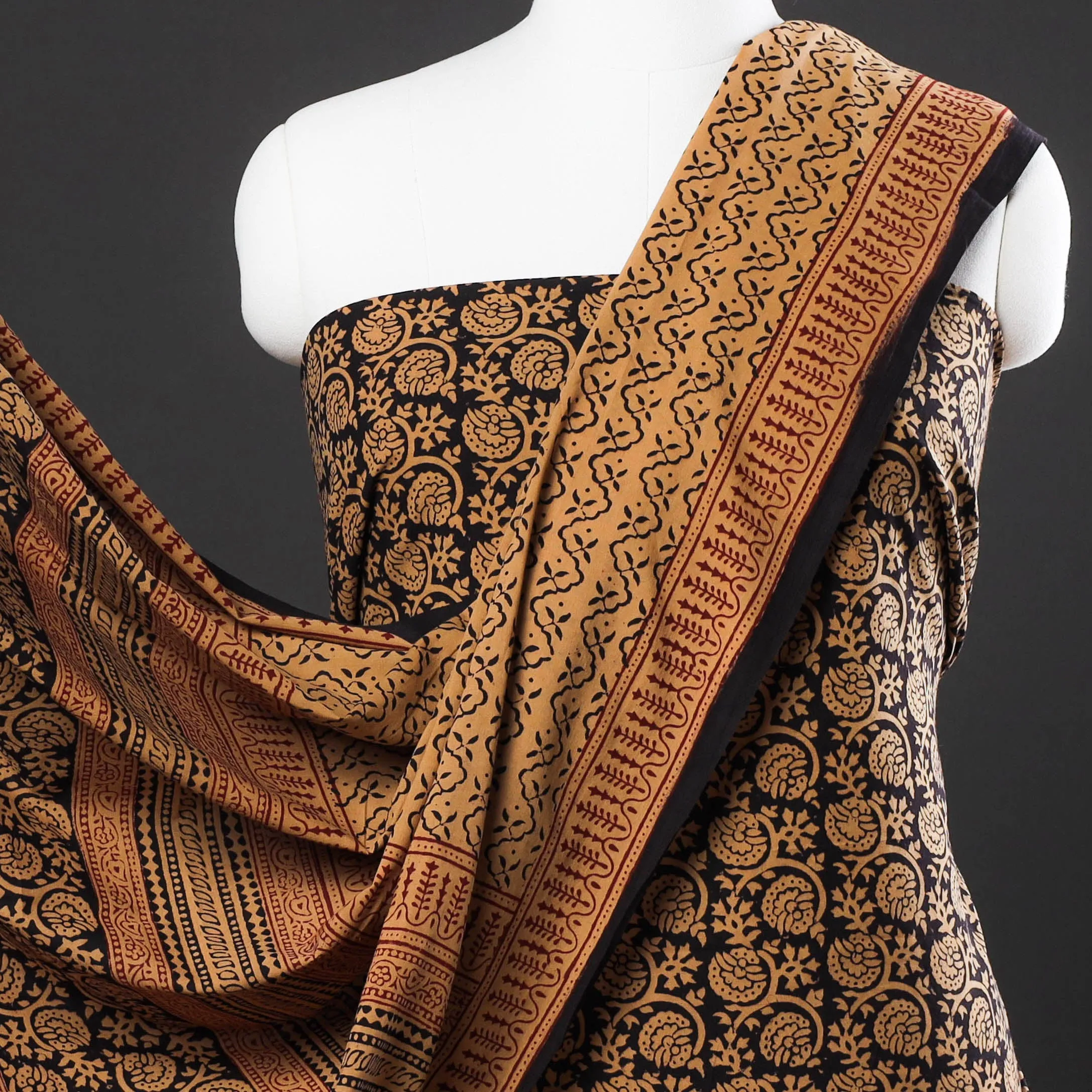 Brown - 3pc Bagh Block Printed Natural Dyed Cotton Suit Material Set 09