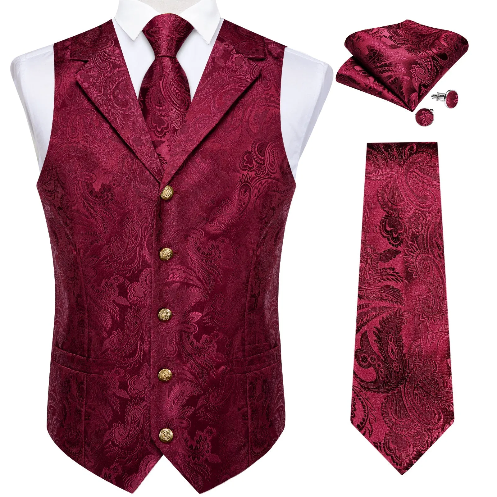 Burgundy Red Luxury Paisley Jacquard Men's Collar Vest Tie Hanky Cufflinks Suit Set