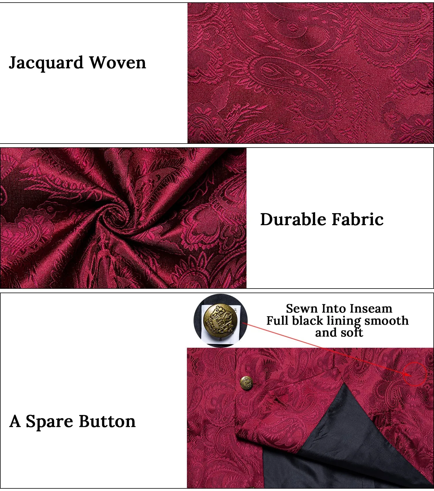 Burgundy Red Luxury Paisley Jacquard Men's Collar Vest Tie Hanky Cufflinks Suit Set