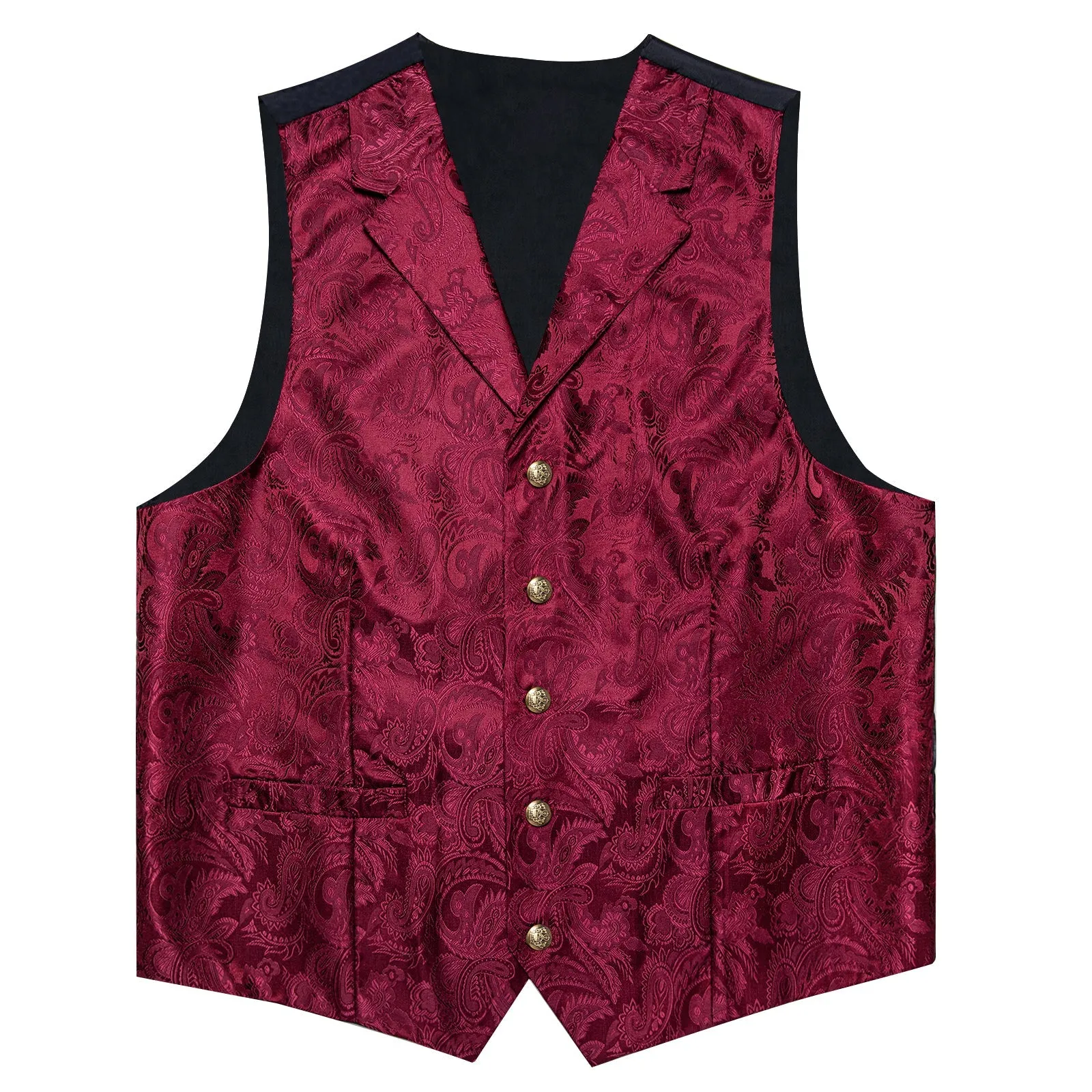 Burgundy Red Luxury Paisley Jacquard Men's Collar Vest Tie Hanky Cufflinks Suit Set