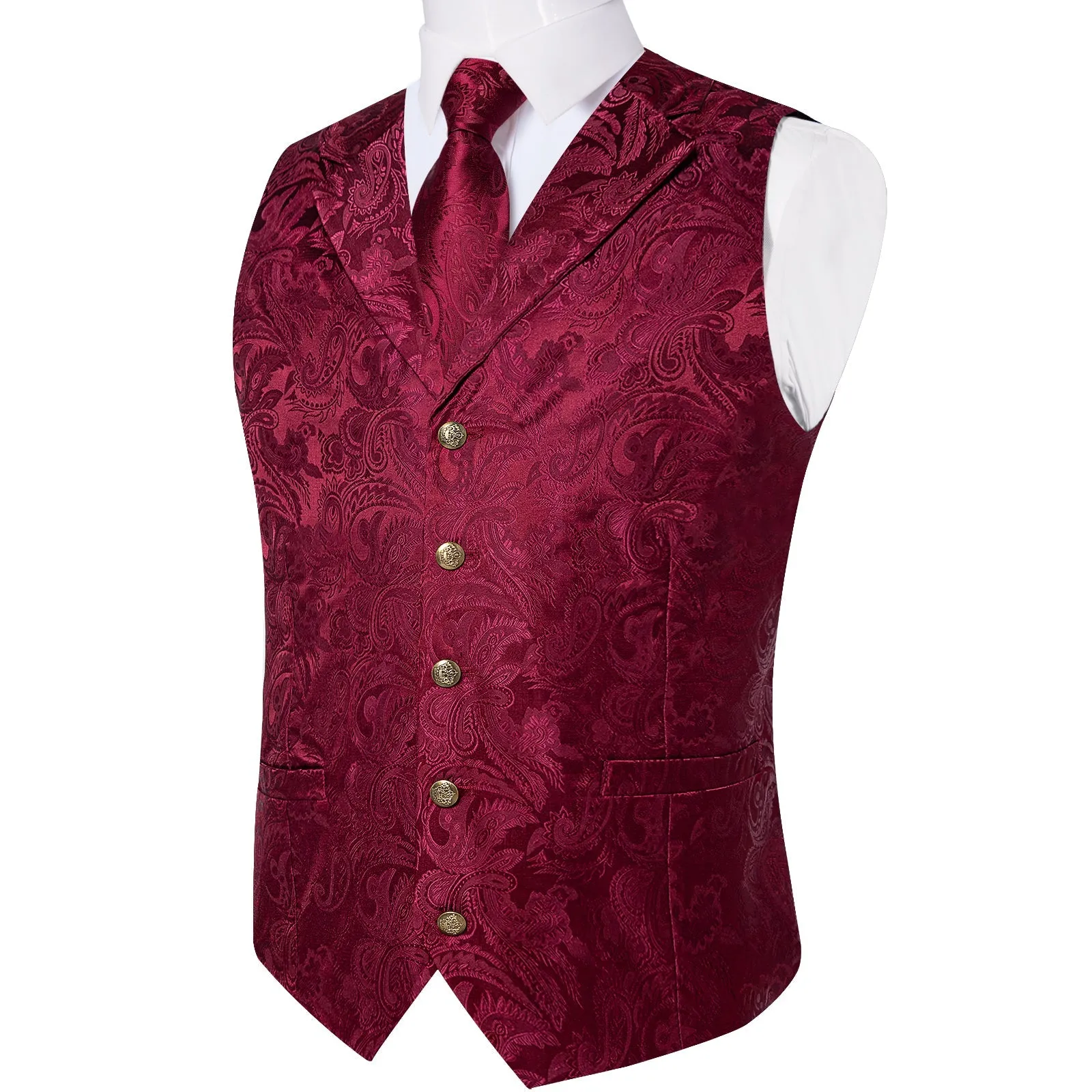 Burgundy Red Luxury Paisley Jacquard Men's Collar Vest Tie Hanky Cufflinks Suit Set