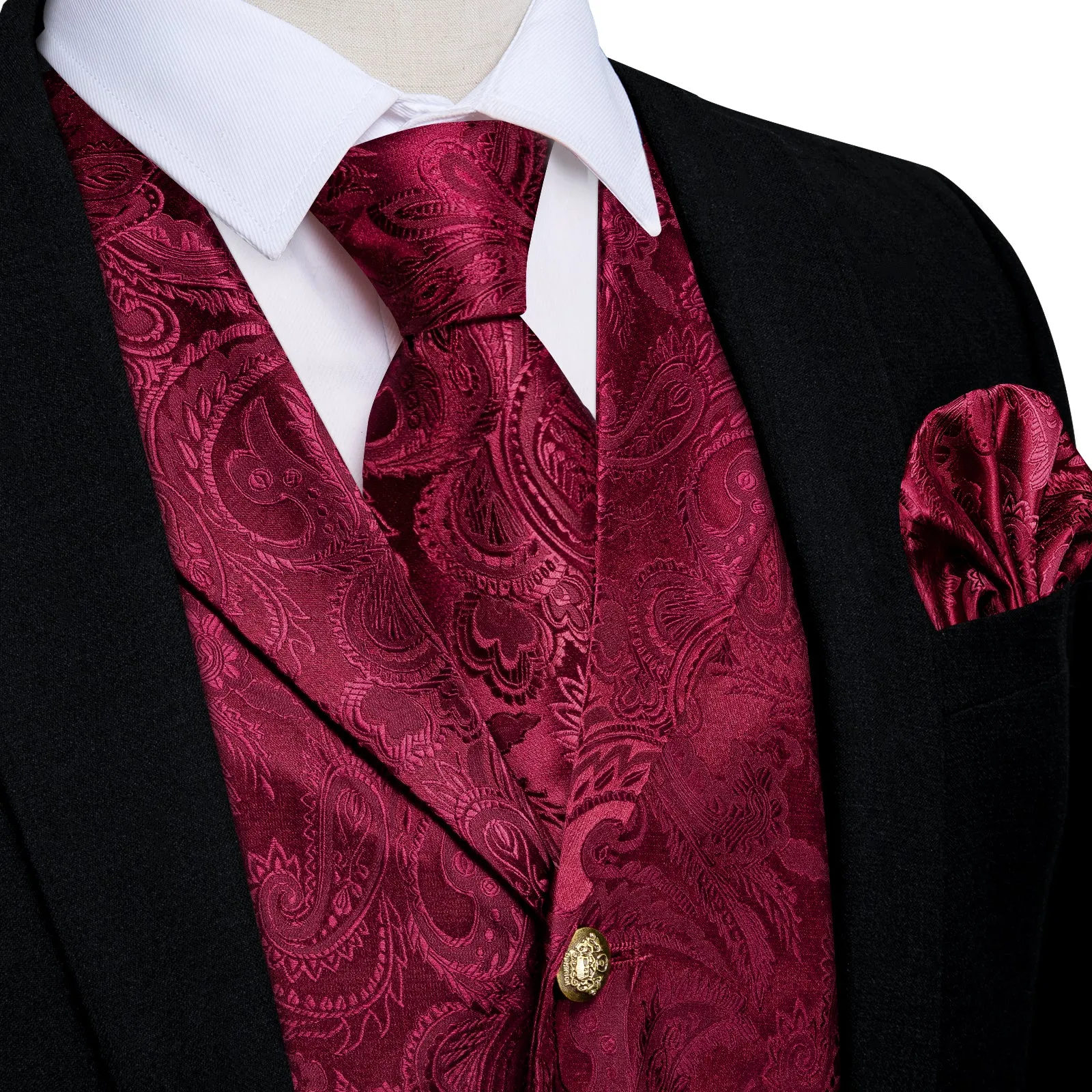 Burgundy Red Luxury Paisley Jacquard Men's Collar Vest Tie Hanky Cufflinks Suit Set