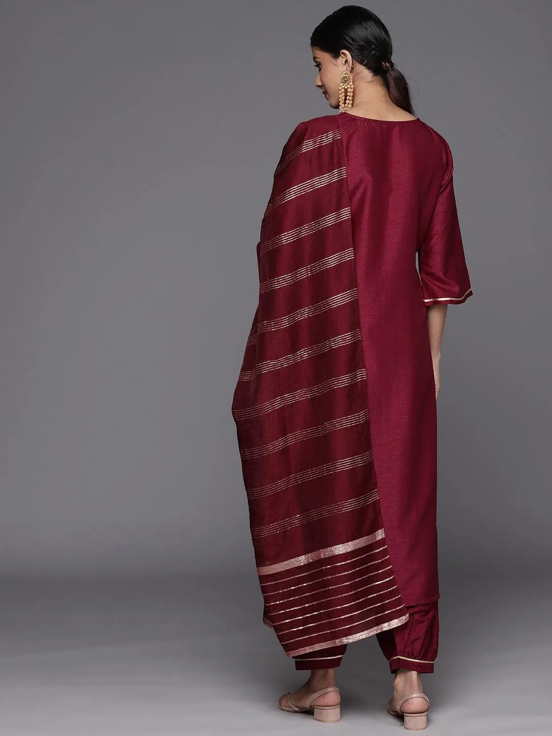 Burgundy Yoke Design Silk Blend Straight Kurta With Salwar & Dupatta