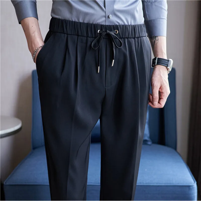 Business Casual Trousers with Elastic Waist and Tie Tube