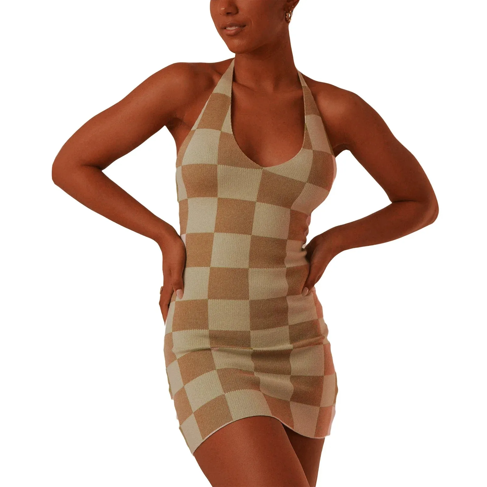 Checkerboard Print Sleeveless Halterneck Backless Mini Dress for Party Club Streetwear