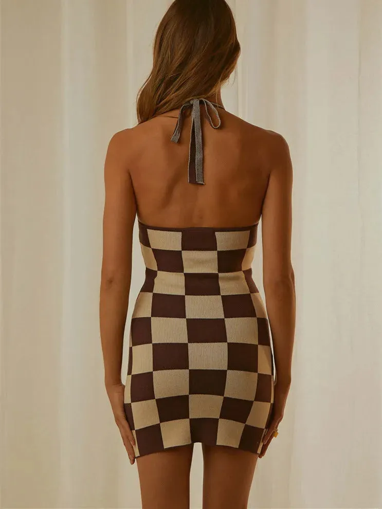 Checkerboard Print Sleeveless Halterneck Backless Mini Dress for Party Club Streetwear