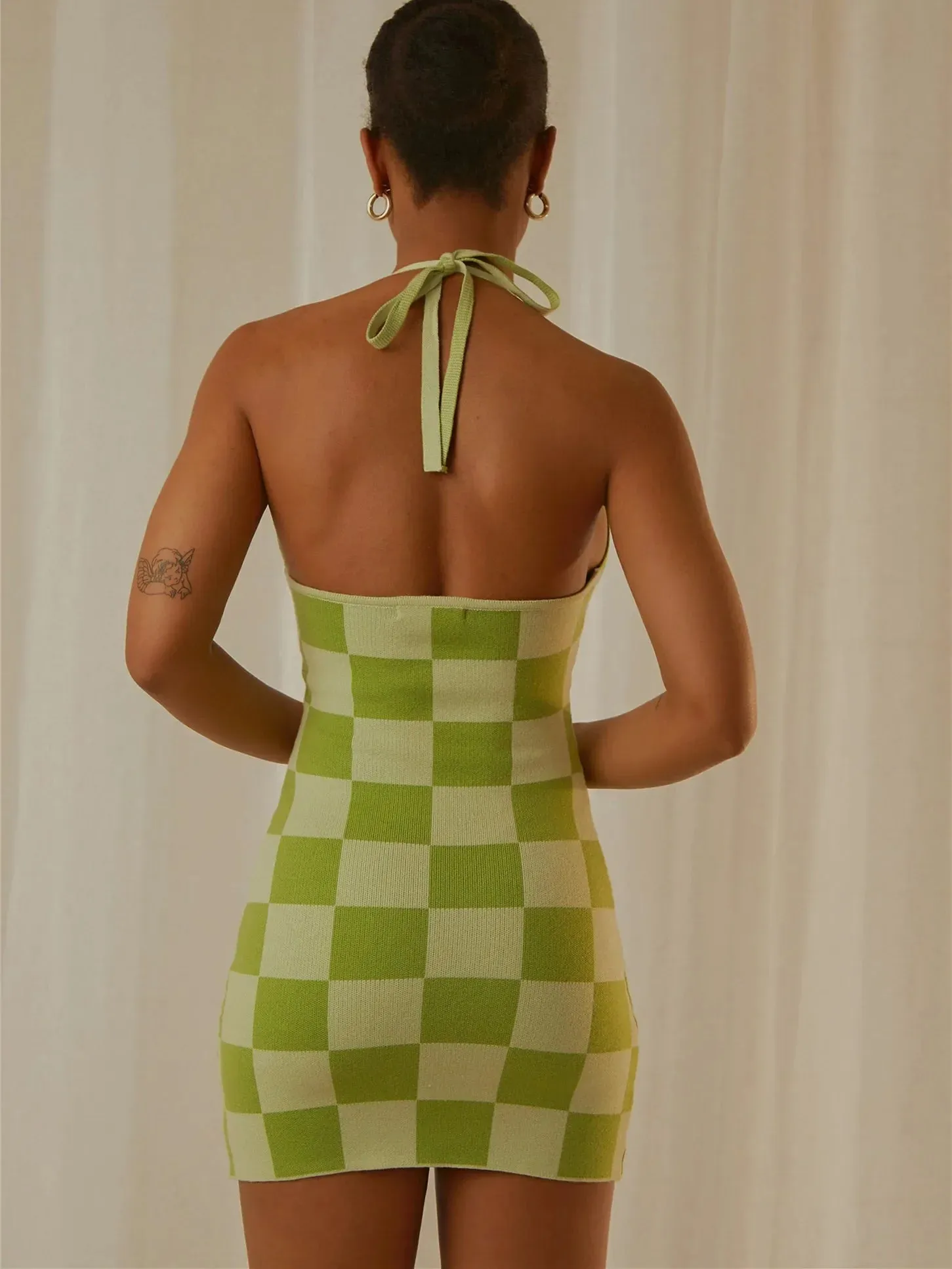 Checkerboard Print Sleeveless Halterneck Backless Mini Dress for Party Club Streetwear