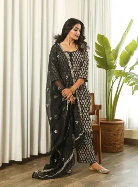 Cotton Black Block Print Suit Set with Cotton Doriya Dupatta with Motif Detailing