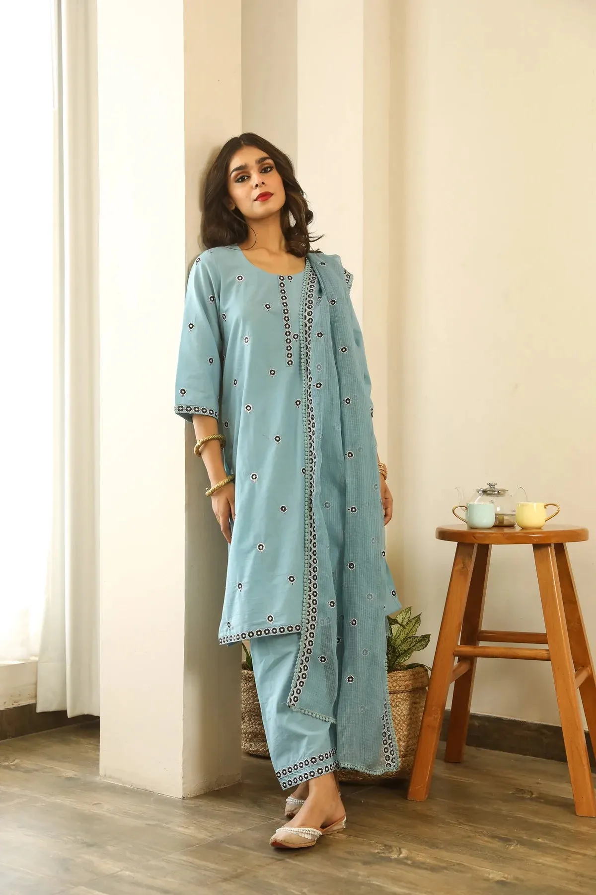 Cotton Blue Floral Embroidered Suit Set with Cotton Doriya Dupatta