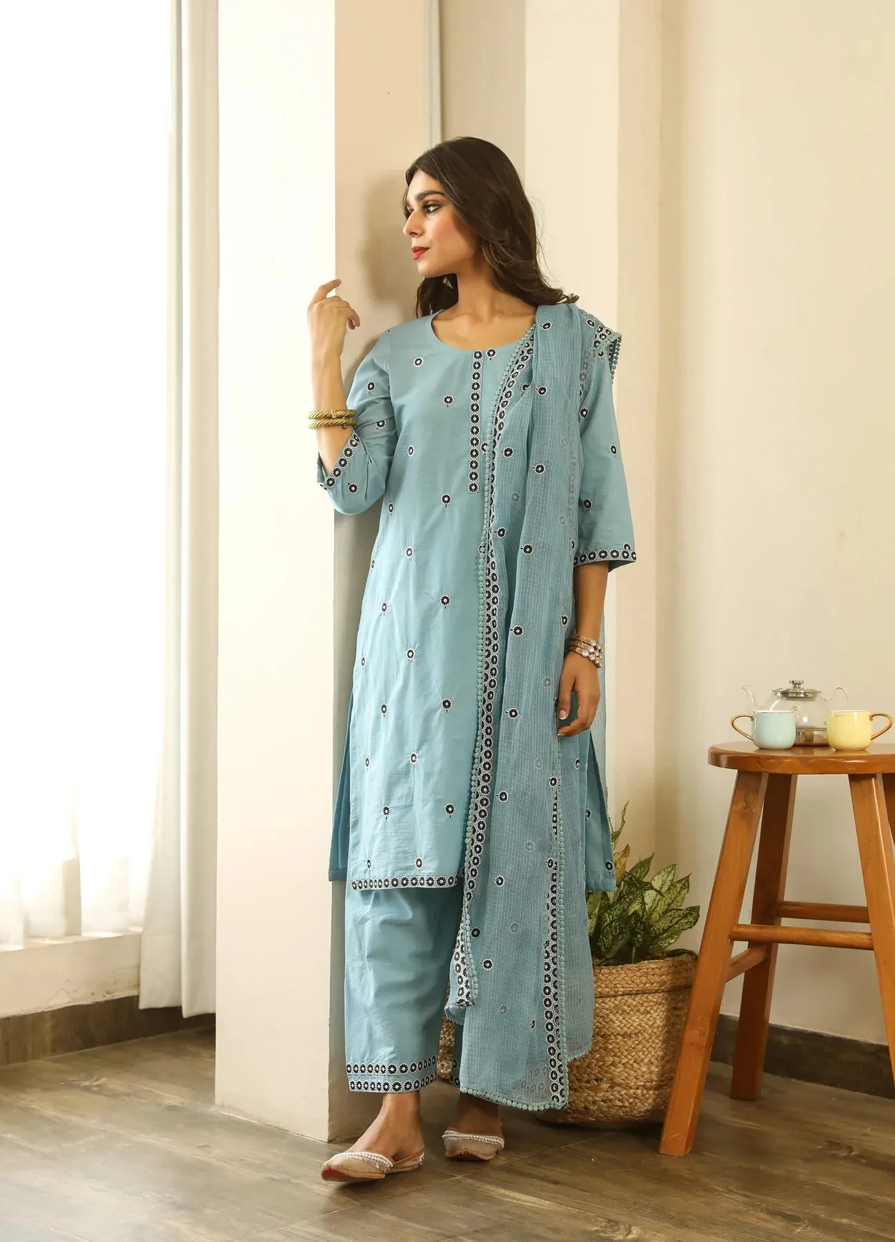 Cotton Blue Floral Embroidered Suit Set with Cotton Doriya Dupatta