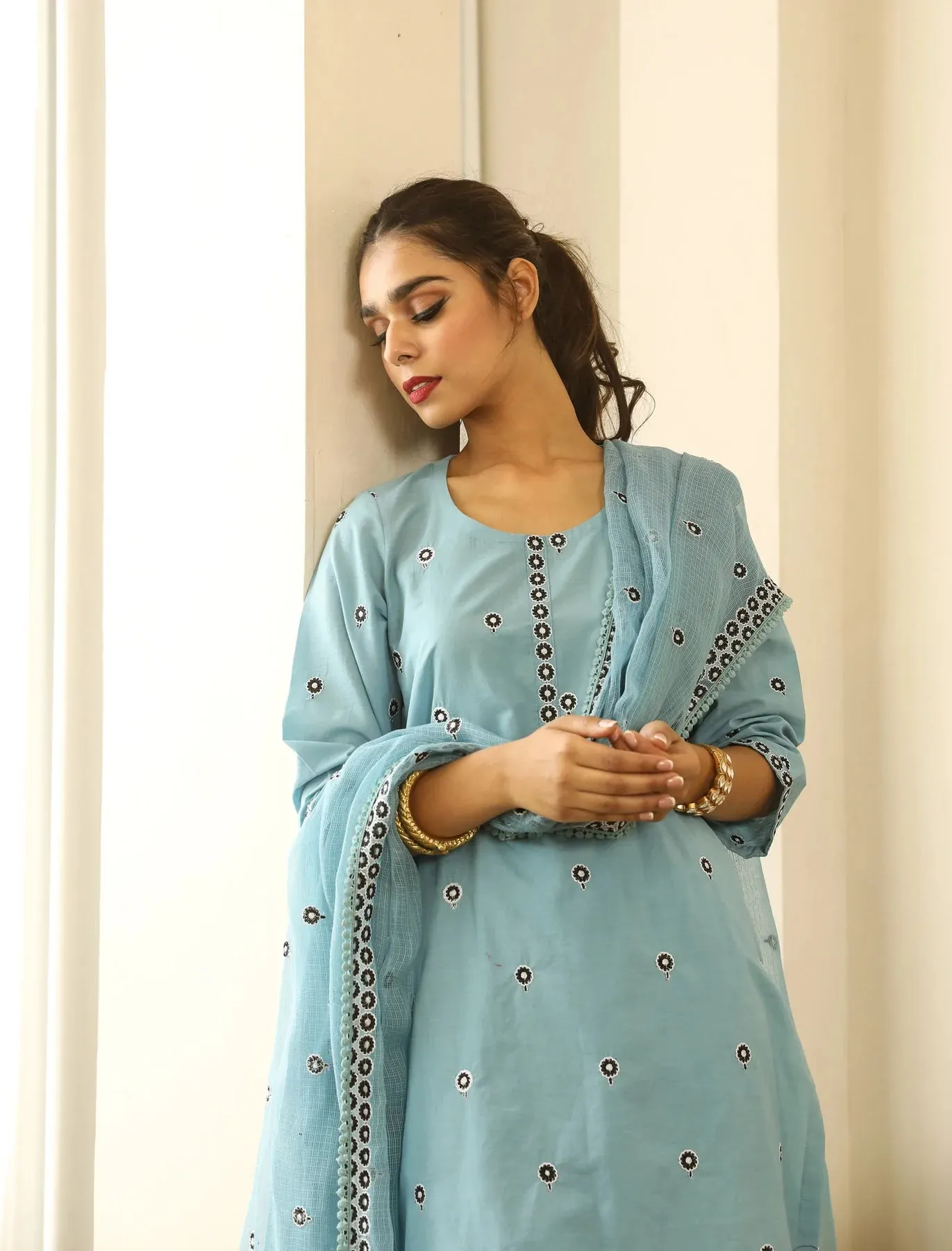 Cotton Blue Floral Embroidered Suit Set with Cotton Doriya Dupatta