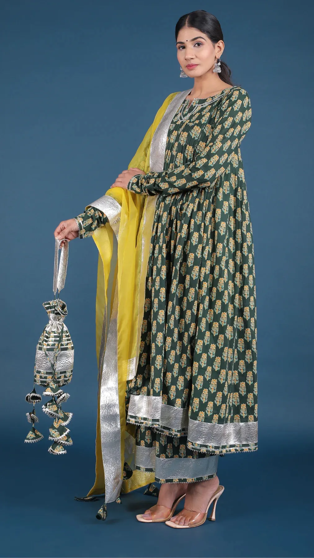 Cotton Green Heavy Lace Detailing & Printed Anarkali Suit Set with Yellow Organza Dupatta