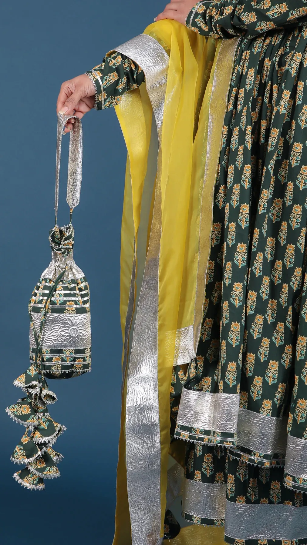 Cotton Green Heavy Lace Detailing & Printed Anarkali Suit Set with Yellow Organza Dupatta