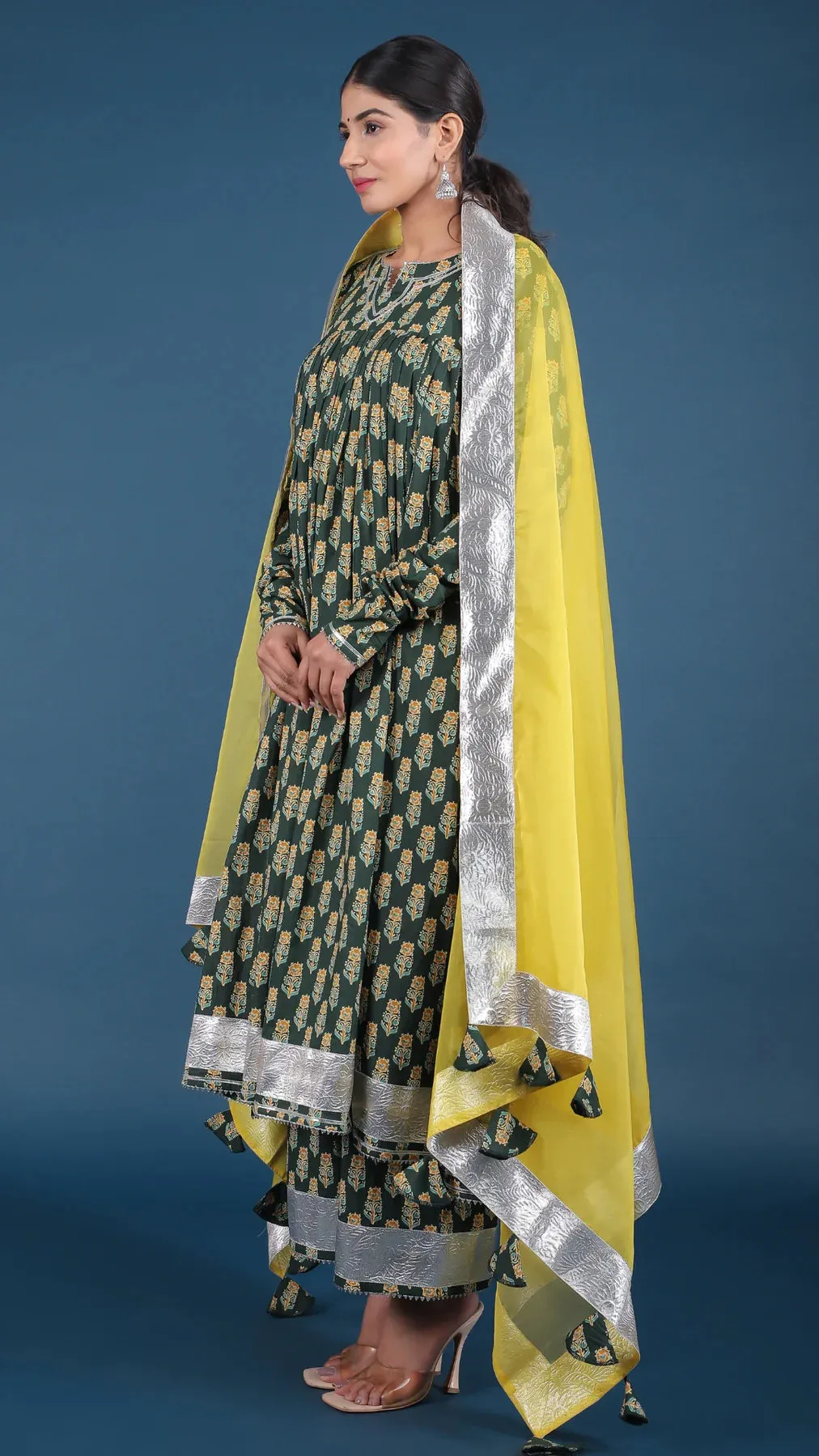 Cotton Green Heavy Lace Detailing & Printed Anarkali Suit Set with Yellow Organza Dupatta