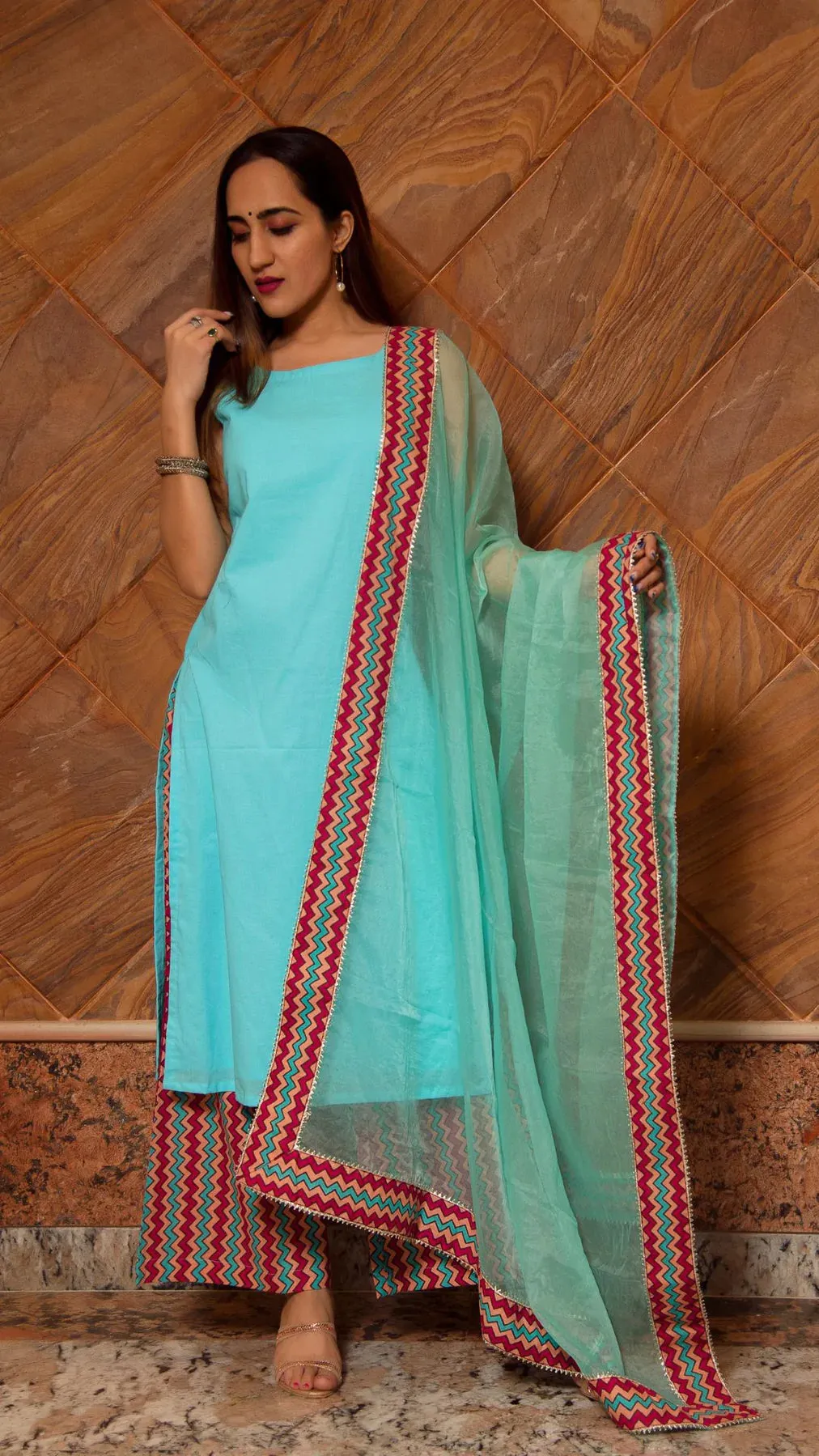 Cotton Light Blue Suit Set with Organza Dupatta