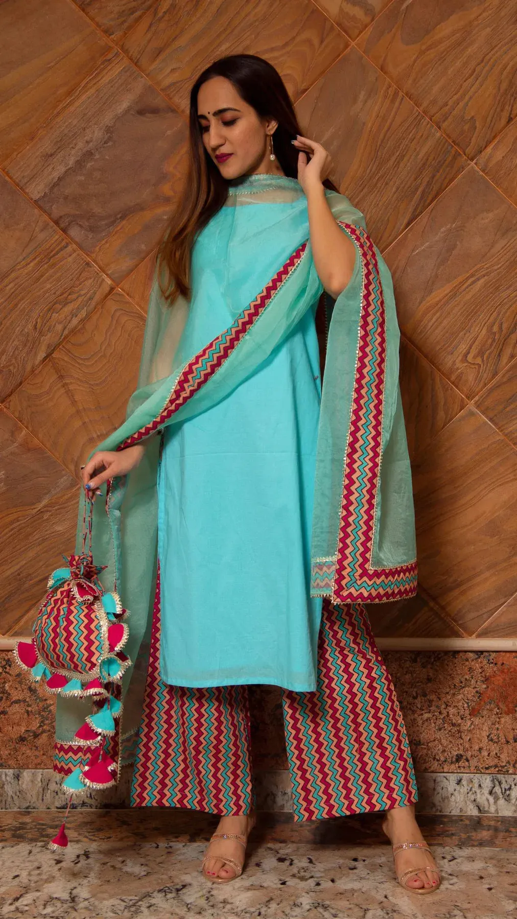 Cotton Light Blue Suit Set with Organza Dupatta