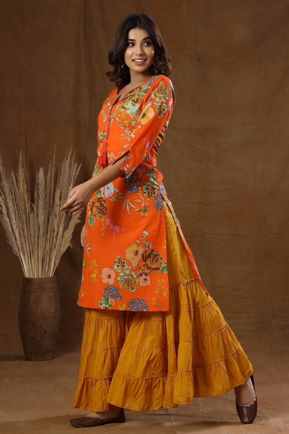 Cotton Orange Printed Sharara Set