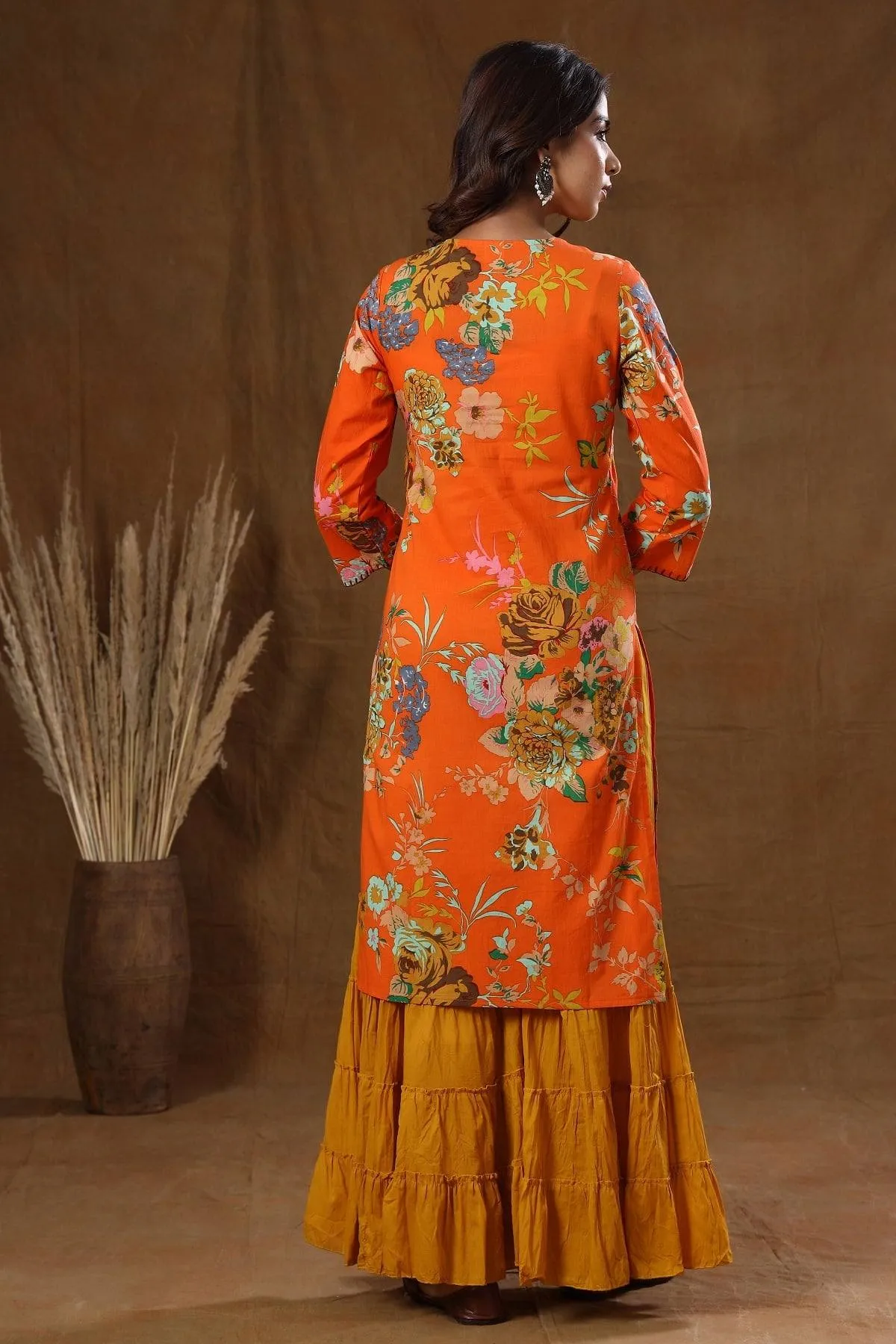 Cotton Orange Printed Sharara Set