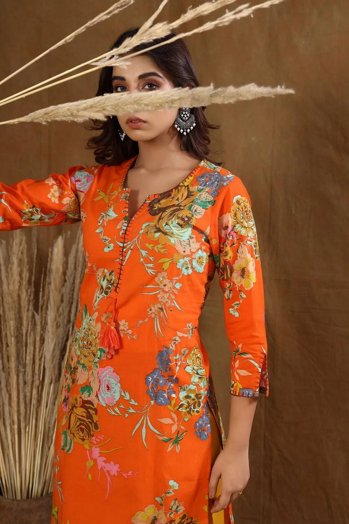 Cotton Orange Printed Sharara Set