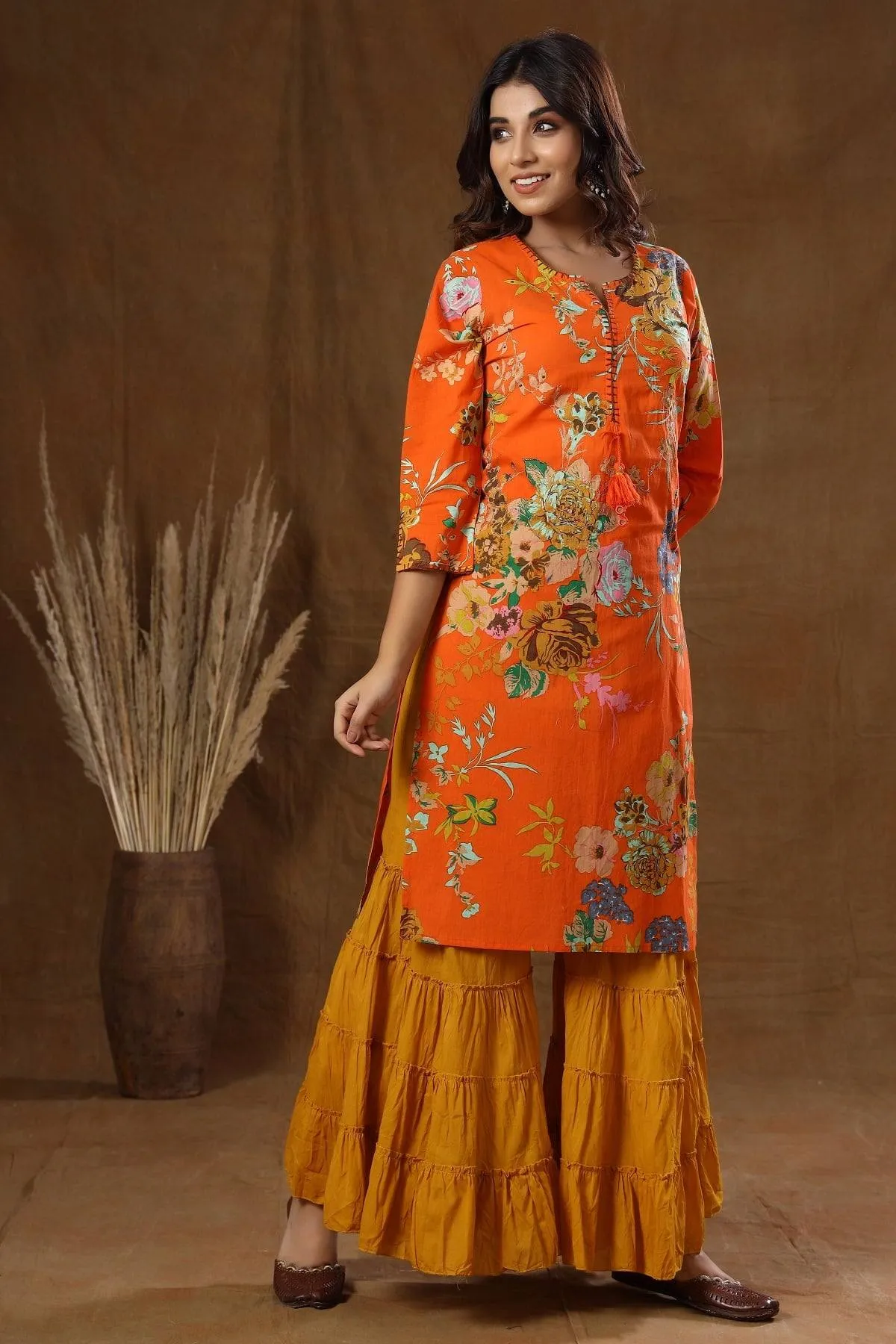 Cotton Orange Printed Sharara Set