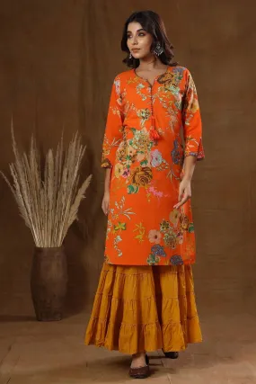 Cotton Orange Printed Sharara Set