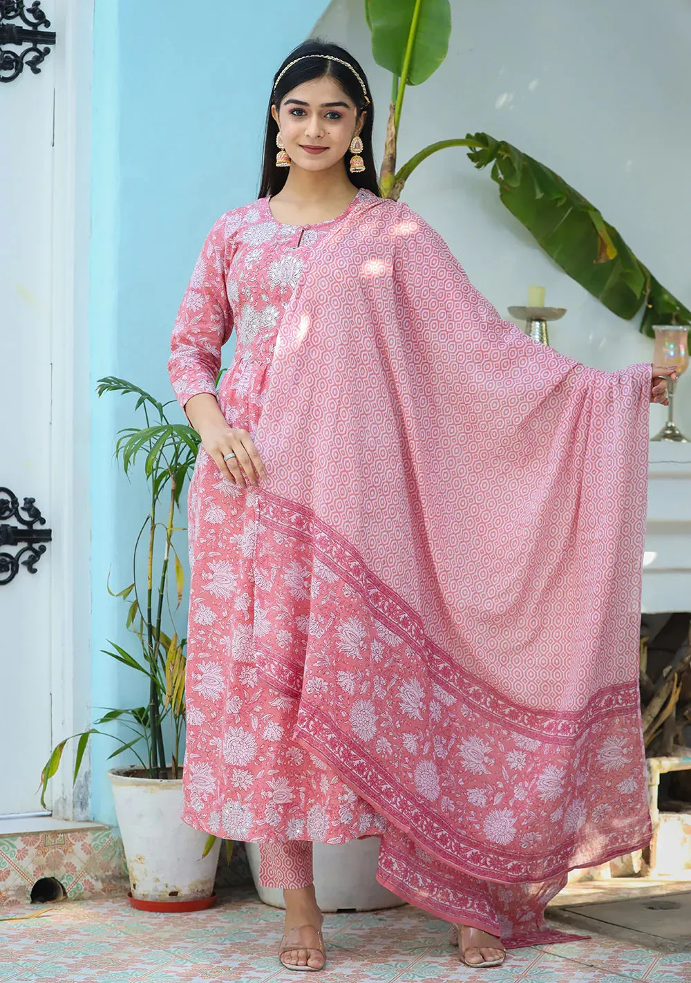 Cotton Pink Floral Print Nyraa cut Suit Set with Dupatta