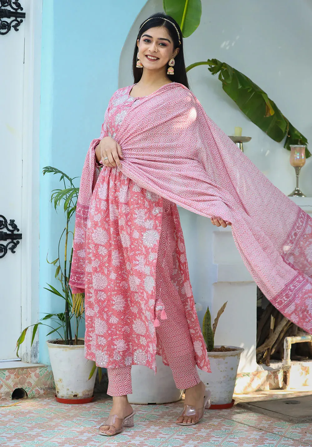 Cotton Pink Floral Print Nyraa cut Suit Set with Dupatta