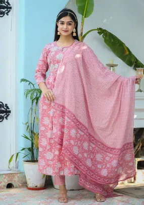 Cotton Pink Floral Print Nyraa cut Suit Set with Dupatta