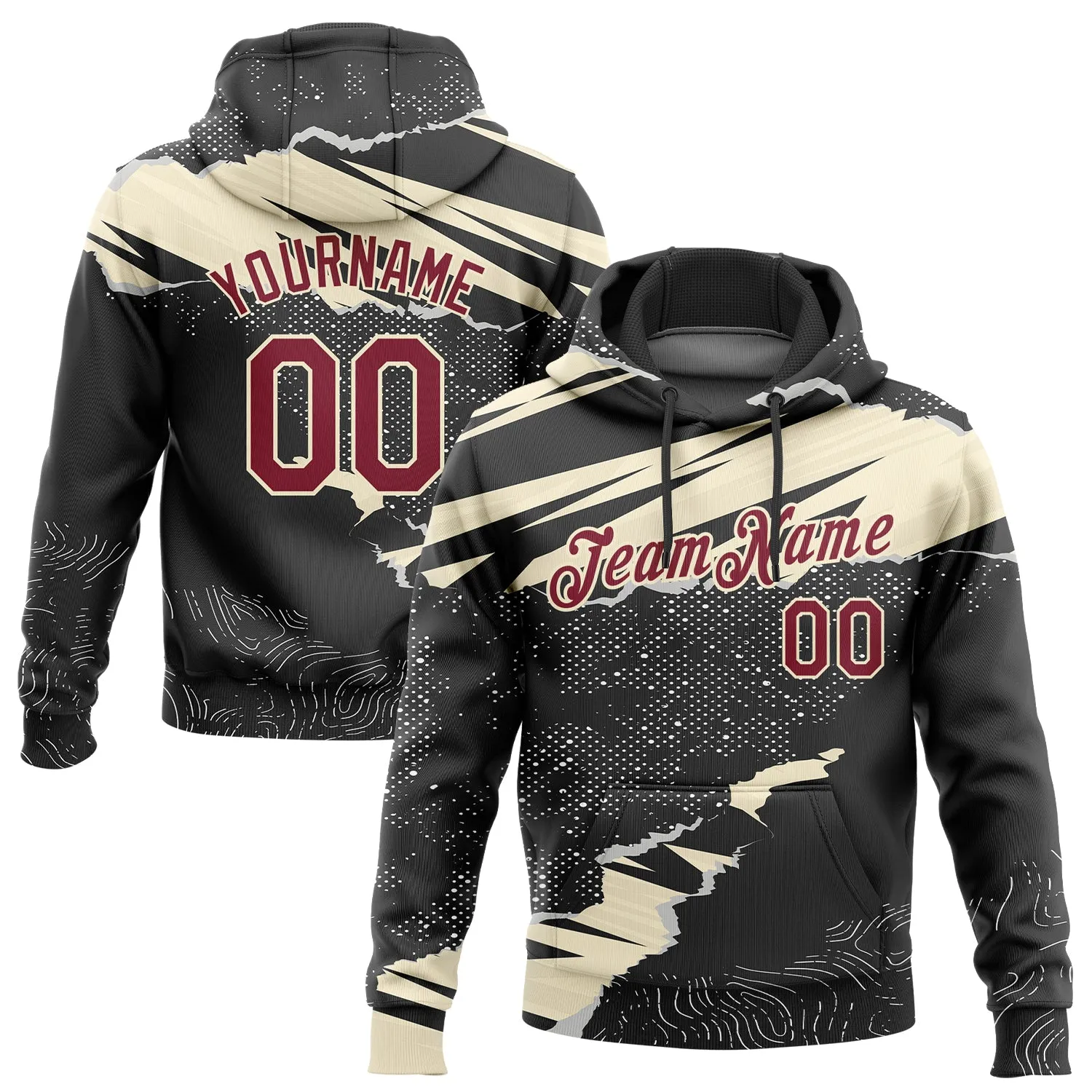 Custom Stitched Black Crimson-Cream 3D Pattern Design Torn Paper Style Sports Pullover Sweatshirt Hoodie