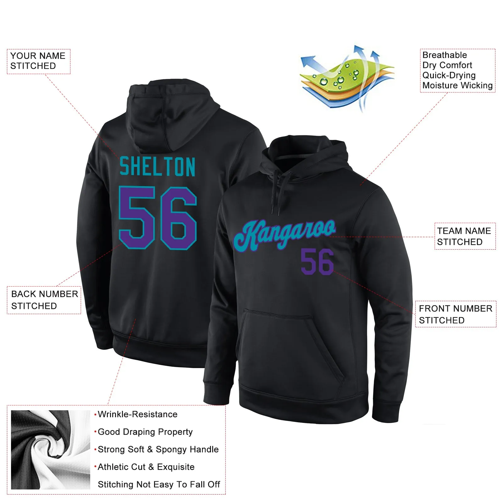 Custom Stitched Black Purple-Teal Sports Pullover Sweatshirt Hoodie