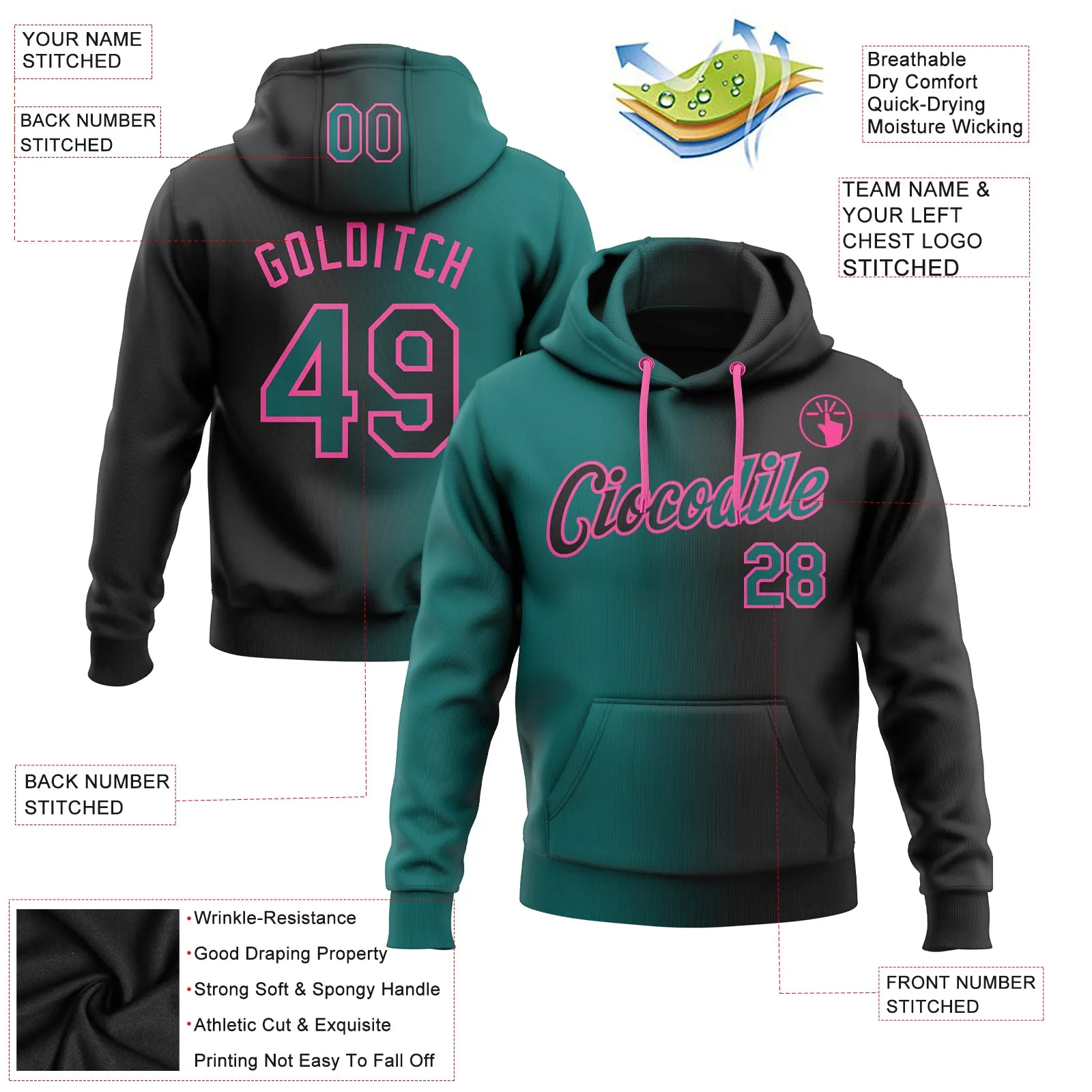 Custom Stitched Black Teal-Pink Gradient Fashion Sports Pullover Sweatshirt Hoodie