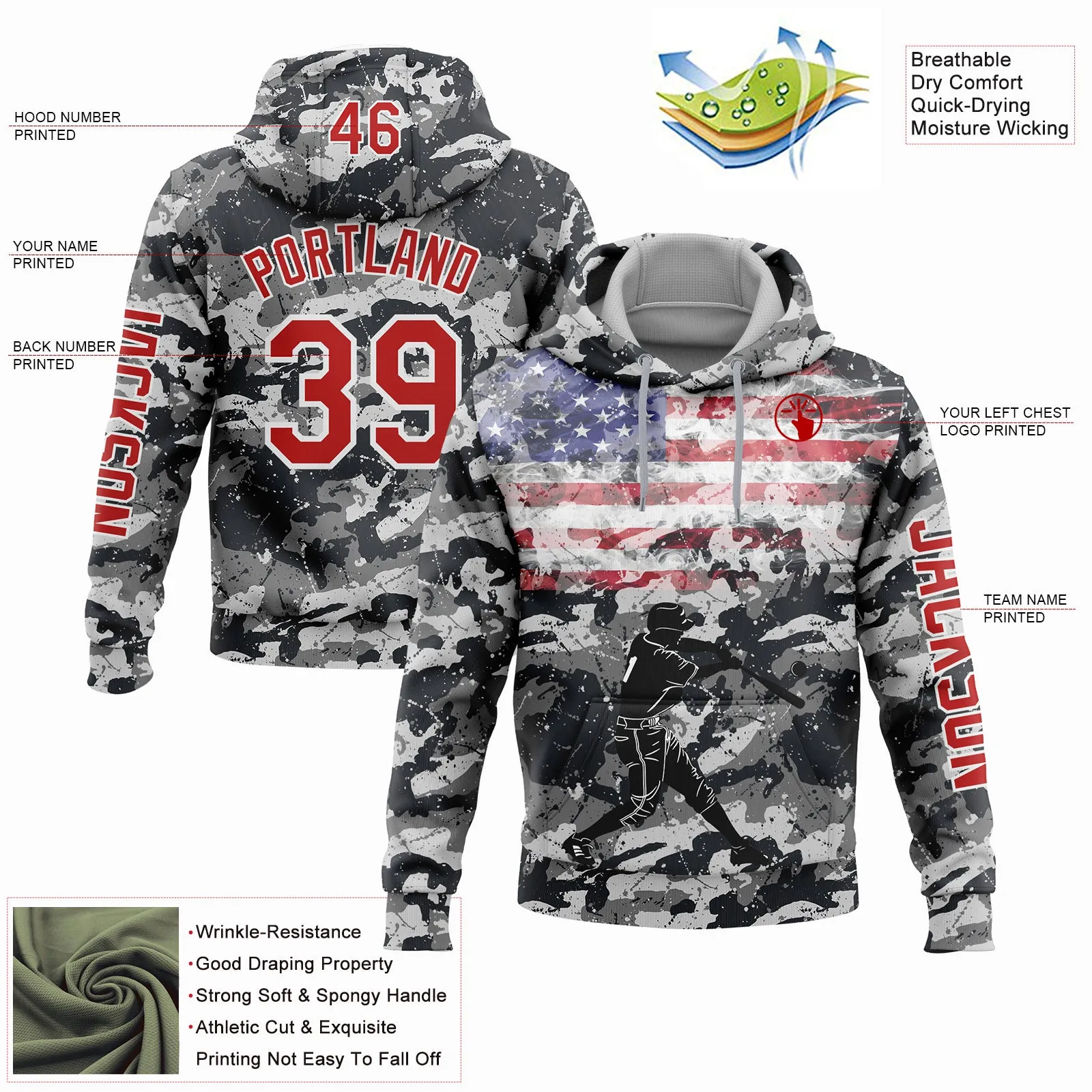 Custom Stitched Camo Red-White 3D USA Flag Sports Pullover Sweatshirt Salute To Service Hoodie