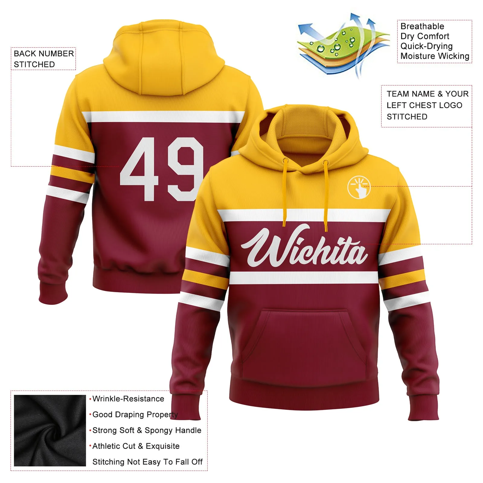 Custom Stitched Crimson White-Gold Line Sports Pullover Sweatshirt Hoodie