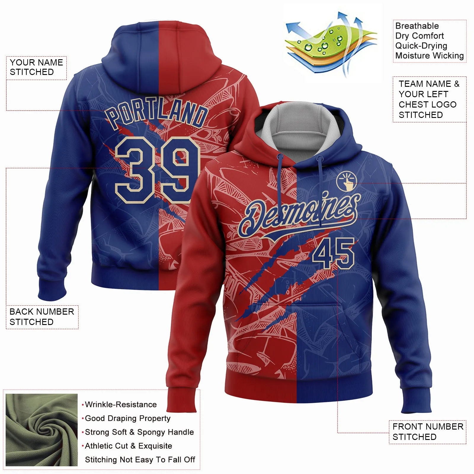 Custom Stitched Graffiti Pattern Royal Red-Cream 3D Scratch Sports Pullover Sweatshirt Hoodie