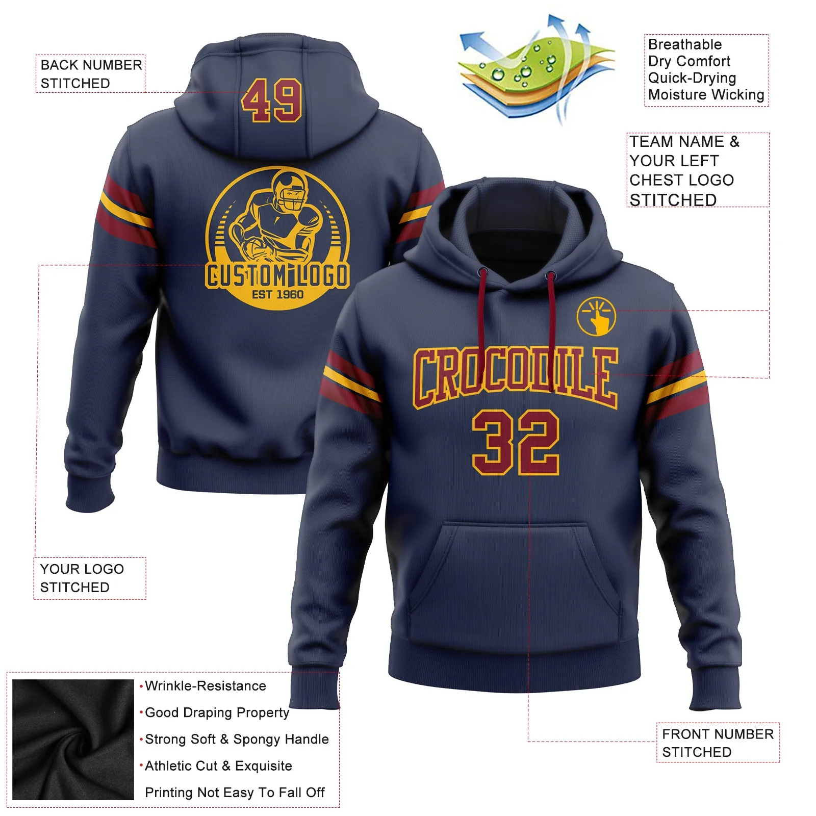 Custom Stitched Navy Crimson-Gold Football Pullover Sweatshirt Hoodie