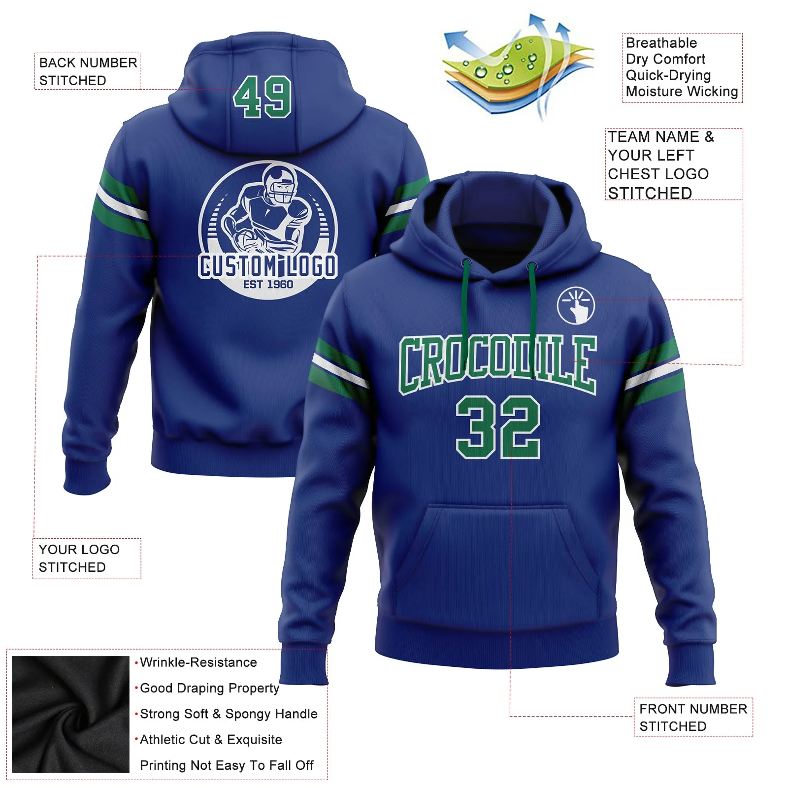 Custom Stitched Royal Kelly Green-White Football Pullover Sweatshirt Hoodie