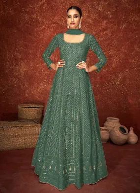 Dark Green Lucknowi Embroidered Indian Anarkali Suit