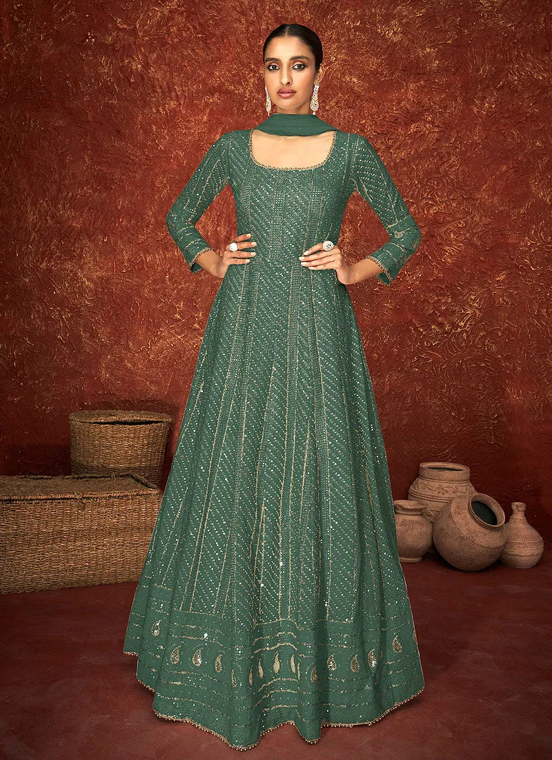 Dark Green Lucknowi Embroidered Indian Anarkali Suit