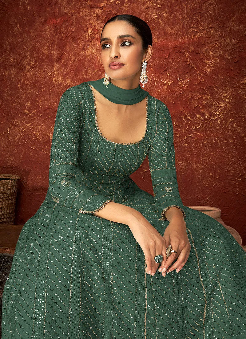 Dark Green Lucknowi Embroidered Indian Anarkali Suit