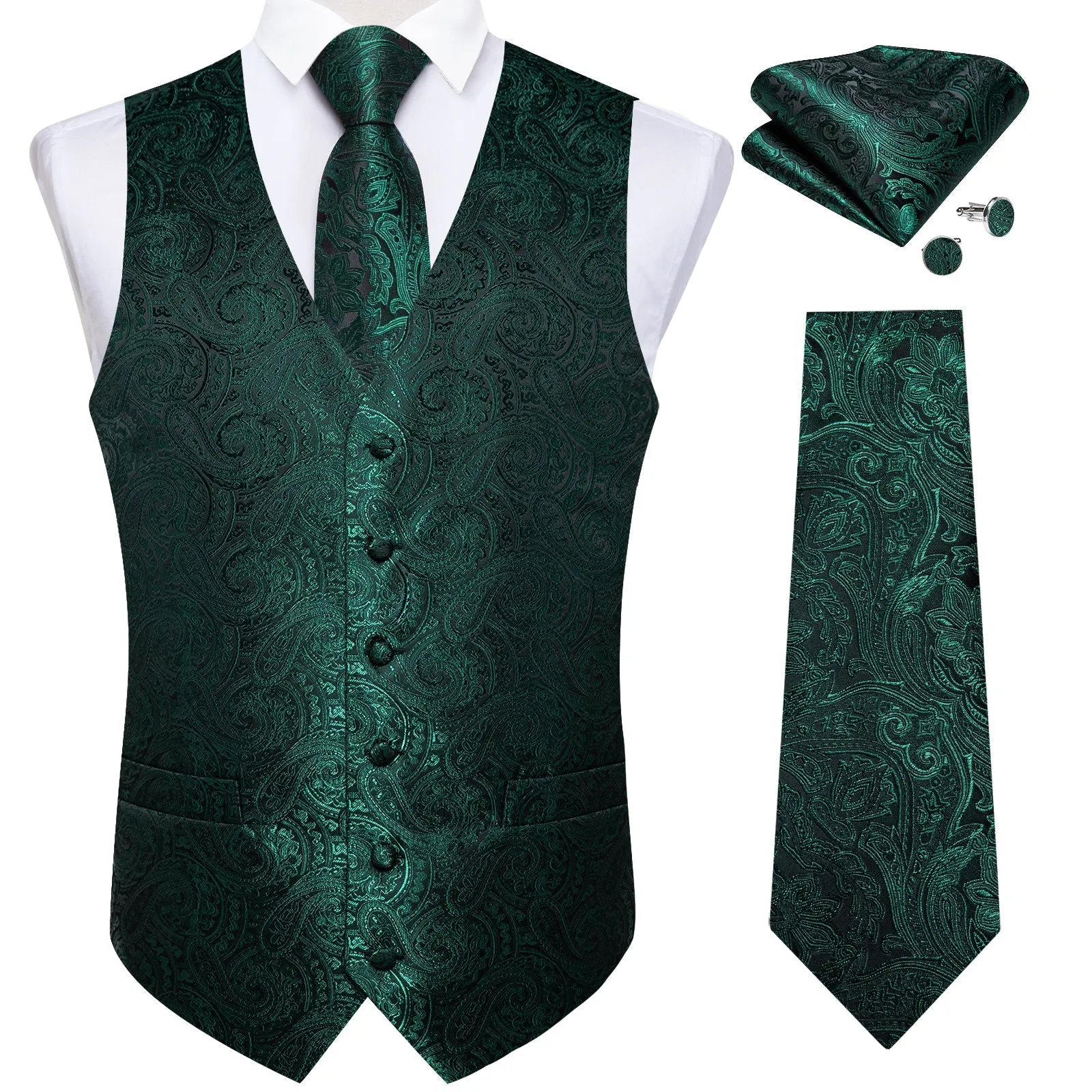 Dark Green Paisley Luxury Men's Formal Vest Tie Hanky Cufflinks Set For Suit Or Tuxedo