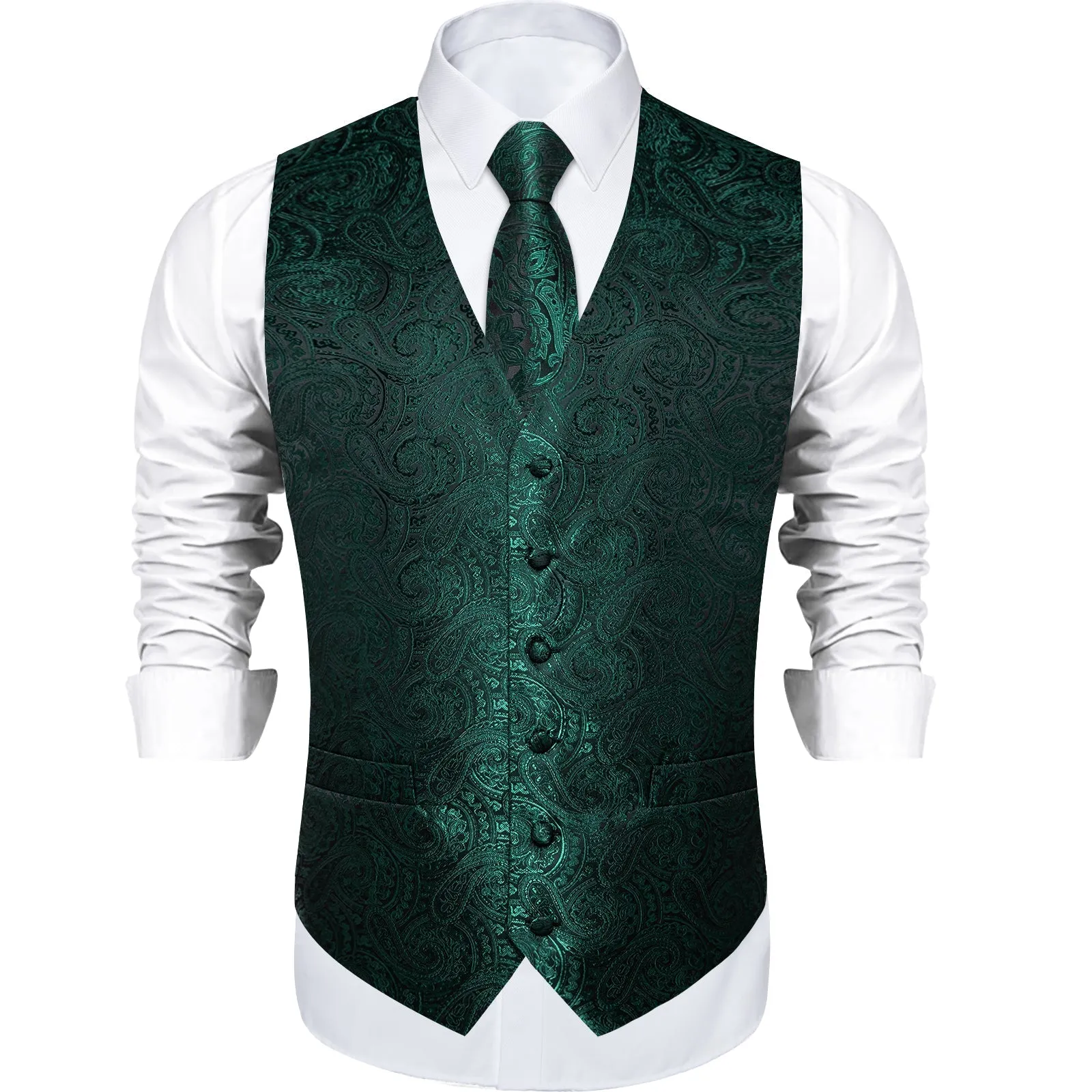 Dark Green Paisley Luxury Men's Formal Vest Tie Hanky Cufflinks Set For Suit Or Tuxedo