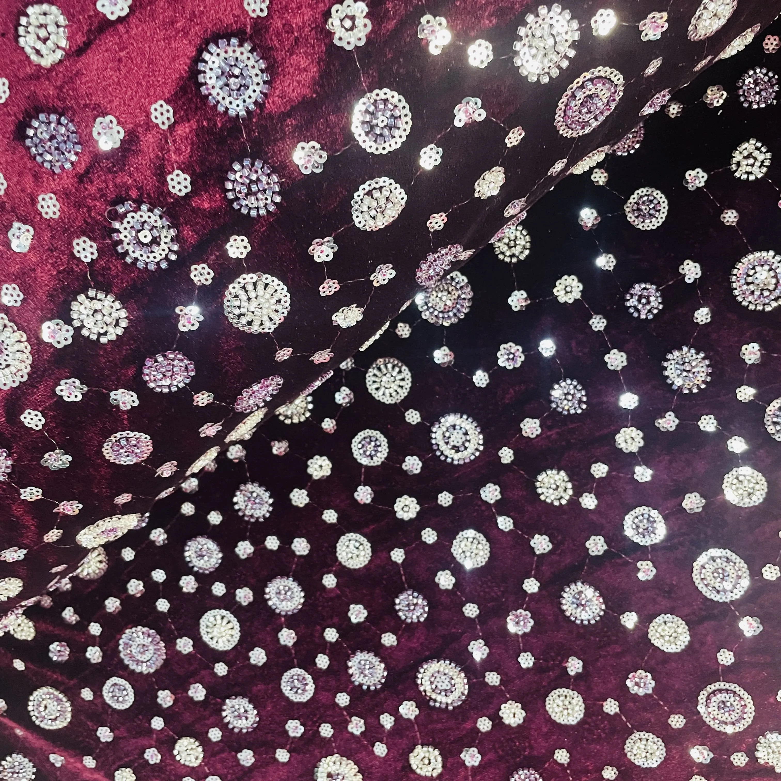 Dark Maroon Cutdana Sequins Embroidery Valvet Fabric 19703