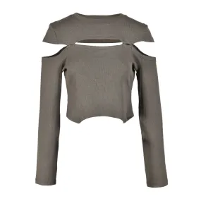 Deconstructed Crew Neck Split Trim Long Sleeve Rib Knit Asymmetric Crop Top