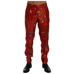 Dolce & Gabbana Elegant Silk Dress Trousers in Red Bird Print