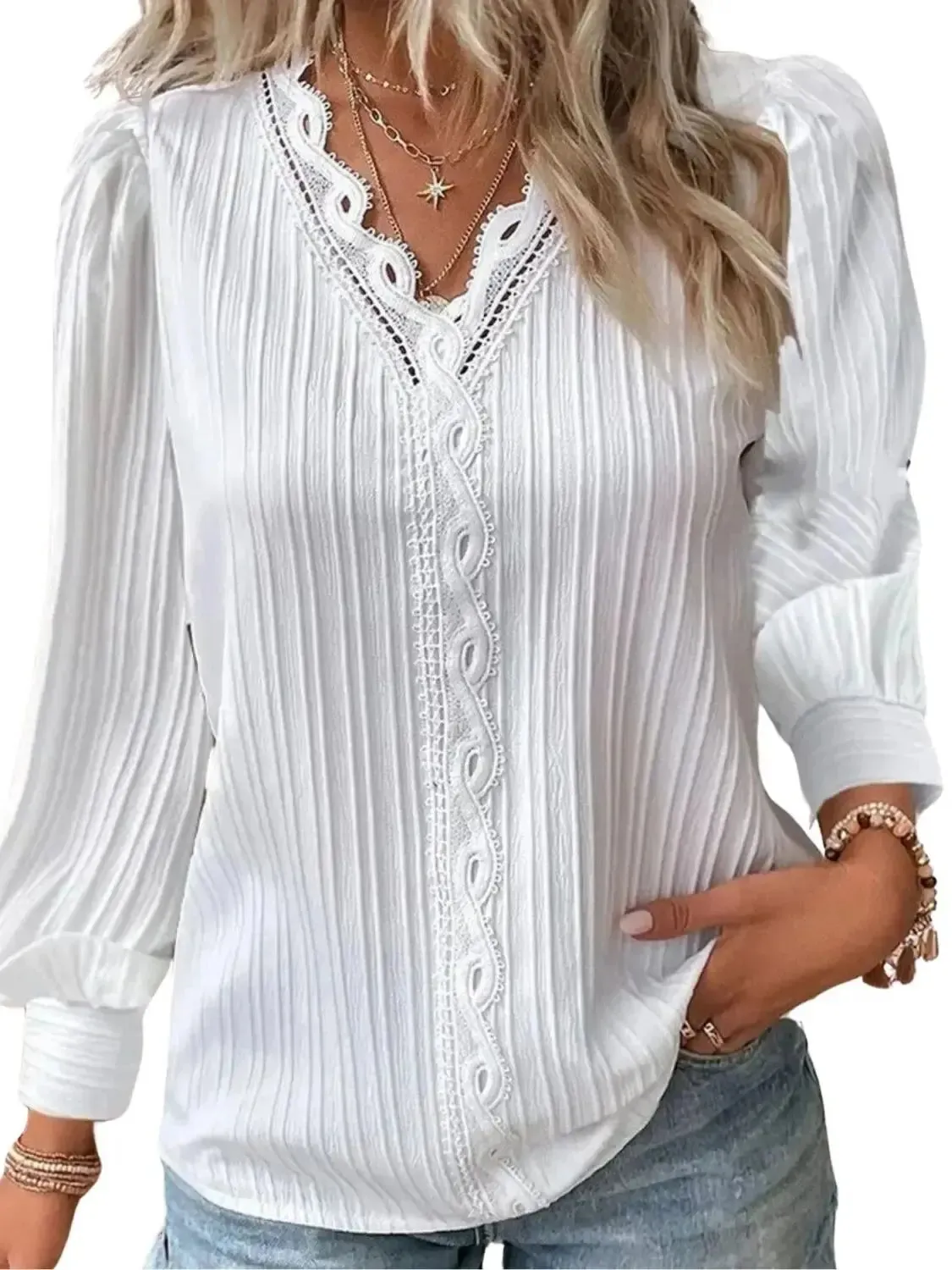 Elegant Chiffon V-Neck Blouse with Lace Stitching